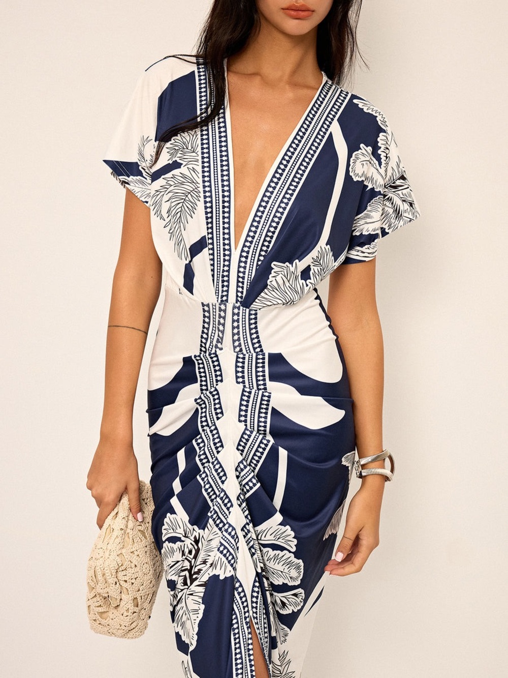 Commense Printed Deep V-Neck Midi Dress Without Belt - Picture 2 of 6